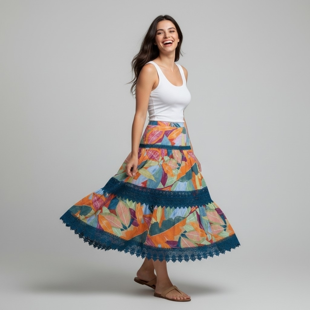 Diamond True XL Tropical Women's Boho A-Line Skirt Blue Lace Trim - Picture 1 of 11